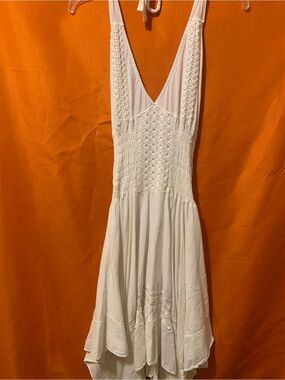 Seaspice White Peruvian Cotton Halter Dress Crochet Lace Bodice Maxi